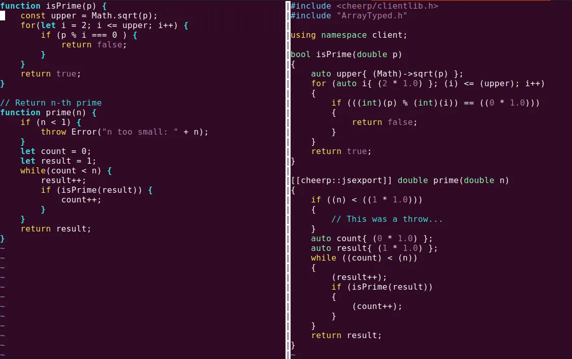 Screenshot of original JavaScript file and generated C++ file