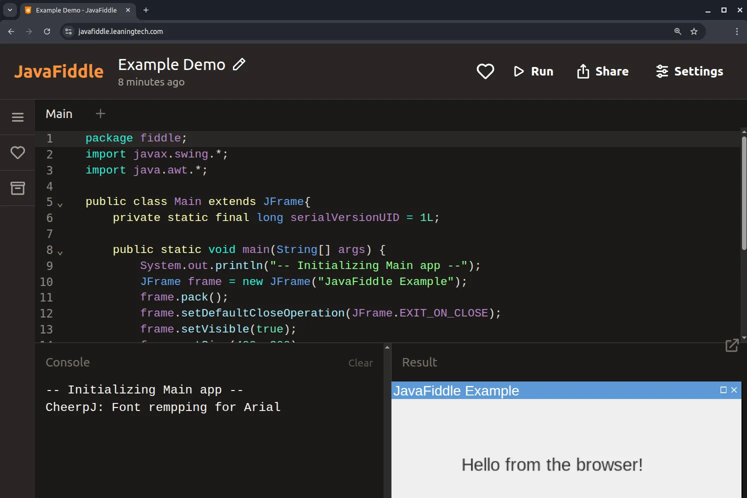 JavaFiddle screenshot