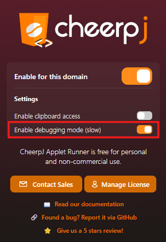Extension popup showing the debugging mode toggle in the ON
position