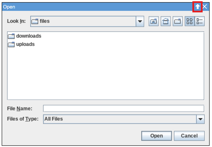 A Java File Dialog window highlighting the upward-arrow upload icon
integrated into its title bar