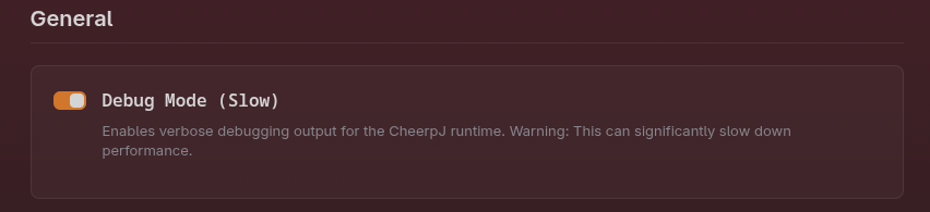 Advanced Settings page showing the Debug Mode (Slow) toggle in the ON
position