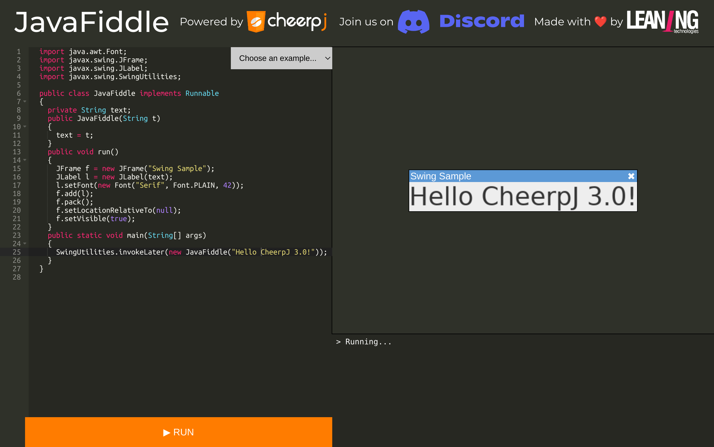 CheerpJ compiling and executing a Swing “Hello World” fully client-side in the browser